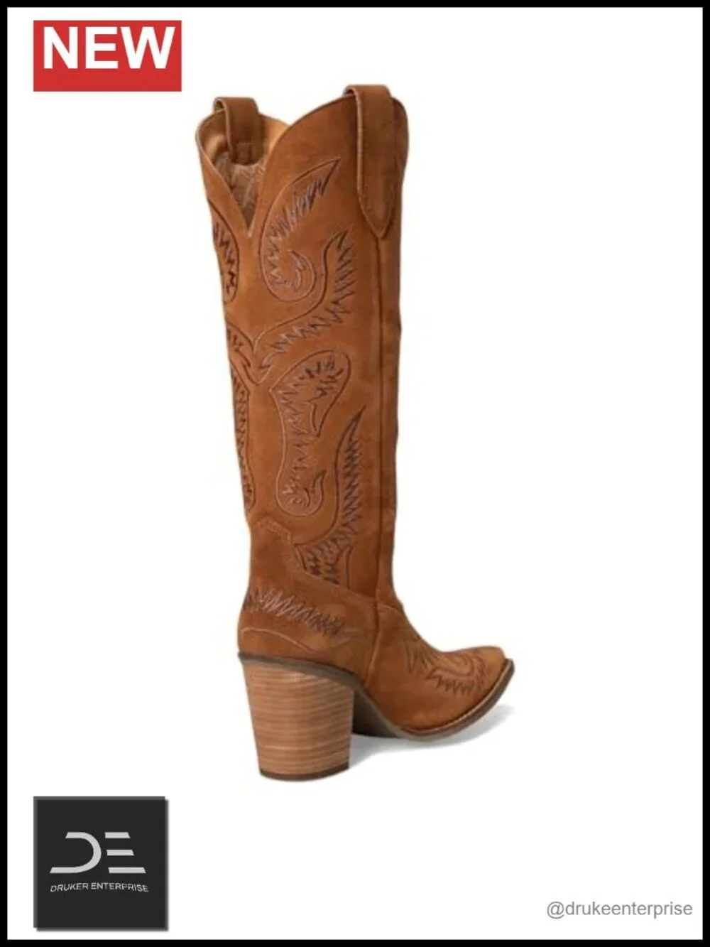 Suede Snip Toe Western Embroidered Over the Knee Boots Mid Block Heel Pull-On